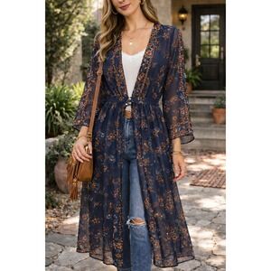 Tantrums Navy Blue Floral Print Sheer Kimono Duster Open Front XL